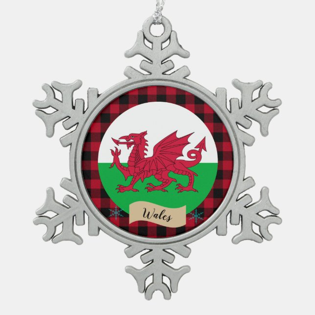 Patriotic Wales, Red buffalo plaid & Welsh Flag Snowflake Pewter Christmas Ornament (Front)