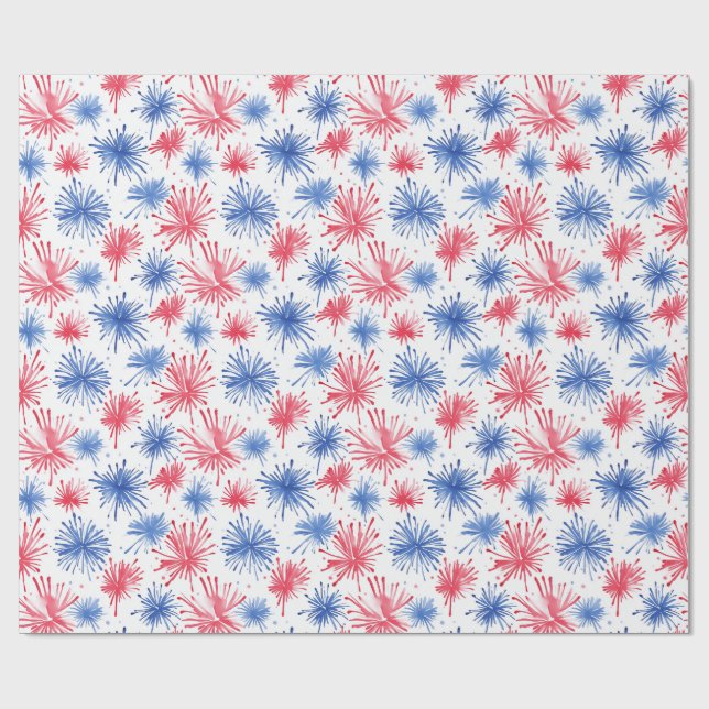 Patriotic Watercolor Red and Blue Fireworks  Wrapping Paper (Flat)
