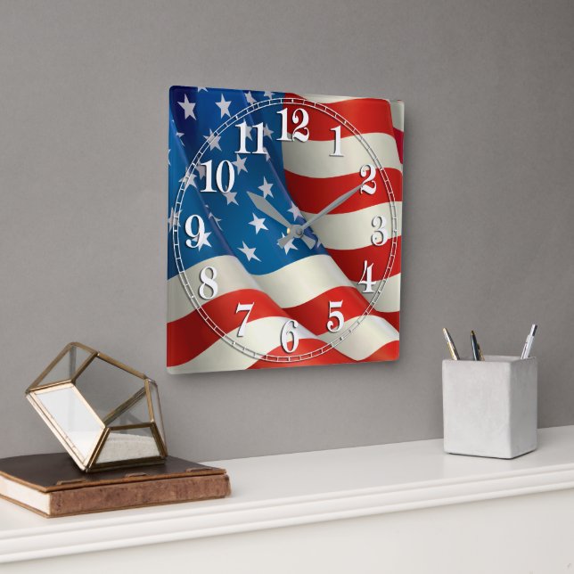 Patriotic Waving U.S. Flag Square Wall Clock (Office)