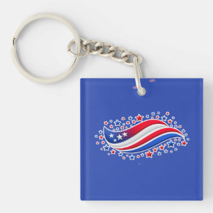 Patriotic Wavy American Flag with Stars   Red Whit Keychain