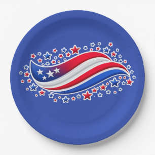 Patriotic Wavy American Flag with Stars Red Whit Paper Plate