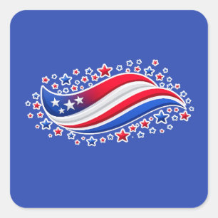 Patriotic Wavy American Flag with Stars   Red Whit Square Sticker