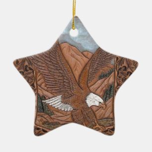 Patriotic Western country tooled leather Eagle Ceramic Ornament