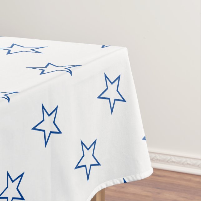 Patriotic white and blue stars pattern holiday tablecloth (In Situ)