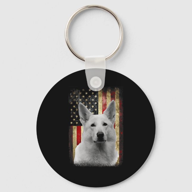 Patriotic White German Shepherd Flag American Usa  Keychain (Front)