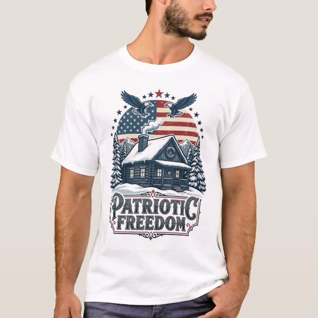 Patriotic Winter Cabin Vector Graphic Tee (Front)