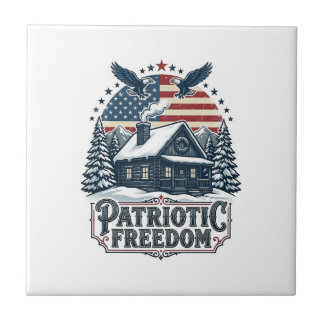 Patriotic Winter Cabin Vector Graphic Tee Tile