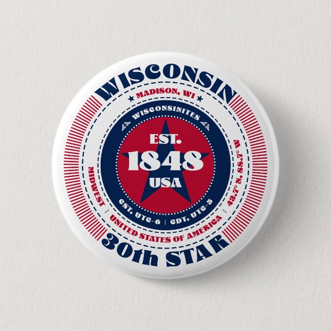 Patriotic Wisconsin Circle with State Details 2 Inch Round Button (Front)