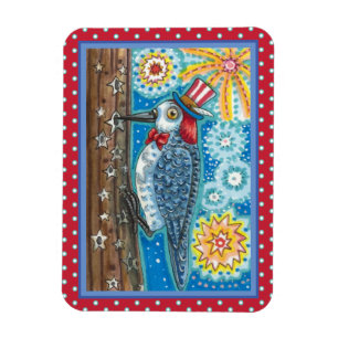 PATRIOTIC WOODPECKER FIREWORKS, 4TH OF JULY BIRD MAGNET