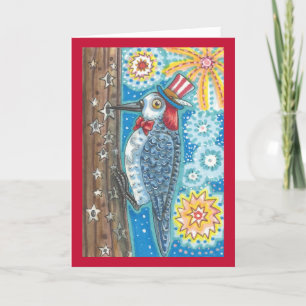 PATRIOTIC WOODPECKER FIREWORKS GREETING CARD Verse