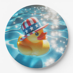 Patriotic Yellow Rubber Duck In Pool Paper Plate
