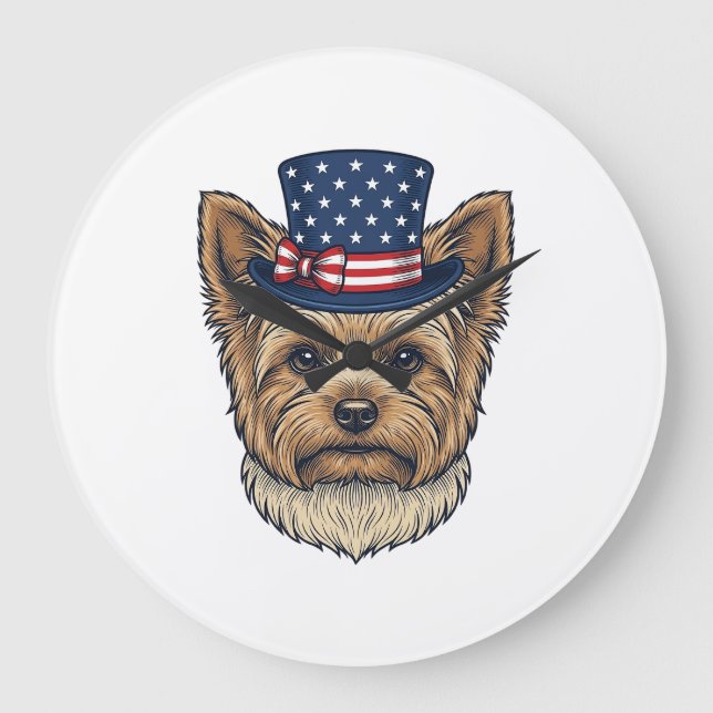 Patriotic Yorkshire Terrier Vintage Large Clock (Front)