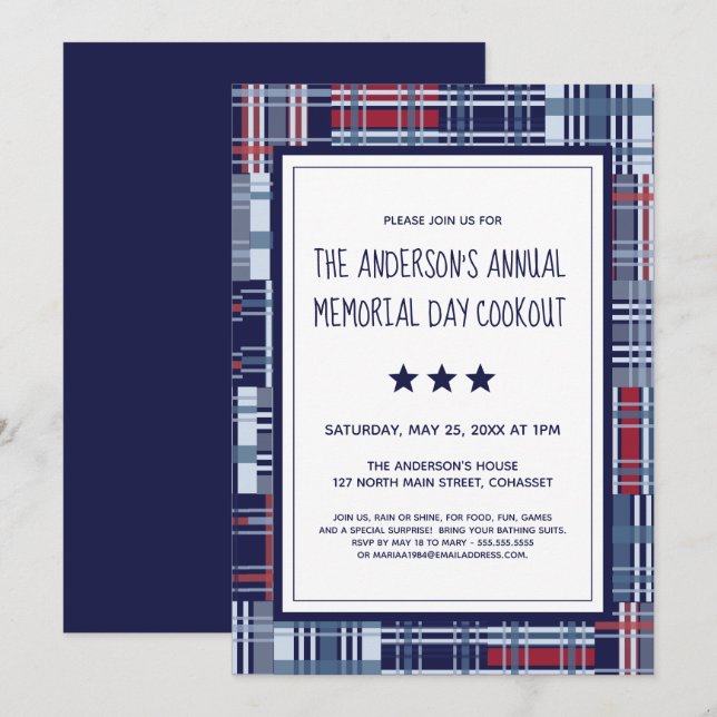 Patriotique, Memorial Day, Été, Invitation de cuis (Devant / Derrière)