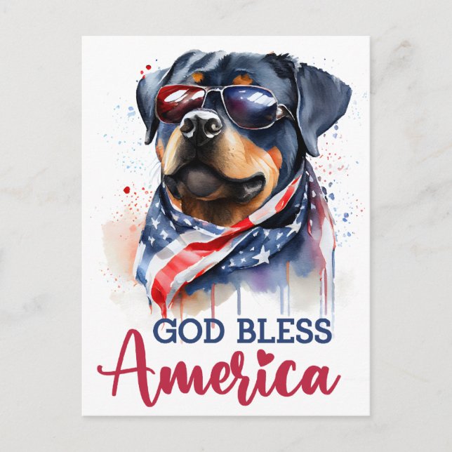 Patriotique Rottweiler, Carte Postale God Bless Am (Devant)