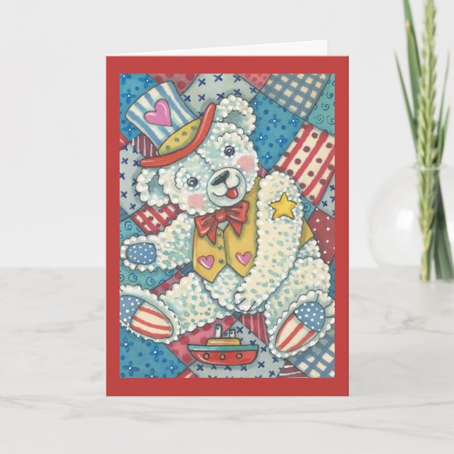 PATRIOTIQUE TEDDY BEAR & QUILT GREETING CARTE VERS (Devant)