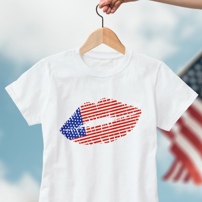 Patriotique USA Lipstick Kiss Lip Imprimer T-shirt (Red white and blue lipstick kiss just for you)