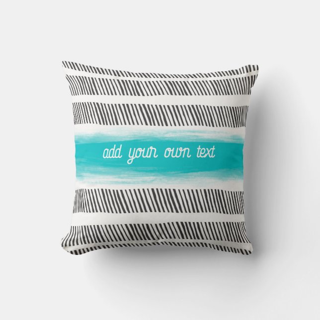  pattern black white and turquoise boho add text  throw pillow (Front)