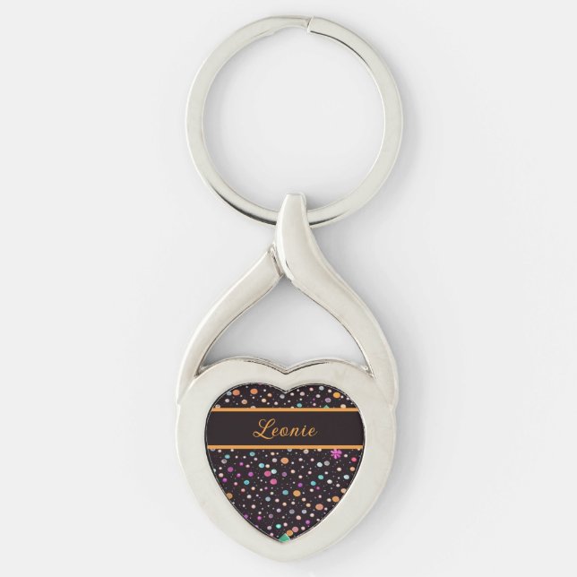 pattern black with colorful dots and flowers keychain (Front)