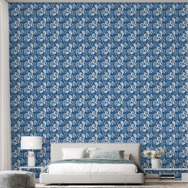 Pattern Blue and White Bedroom Wallpaper (Bedroom)
