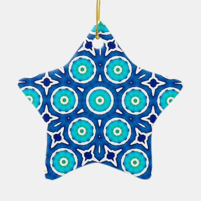 Pattern Blue and White Christmas Circle Ceramic Ornament (Front)
