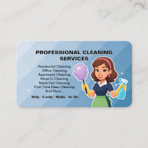 Pattern Blue Cartoon Housekeeper Cleaning Service Business Card