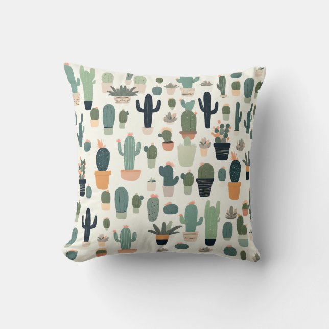 Pattern Cute Cactus Green Minimal Illustration Throw Pillow (Front)