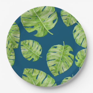 Pattern Cute Chic Banana Leaf Green Blue Paper Plate