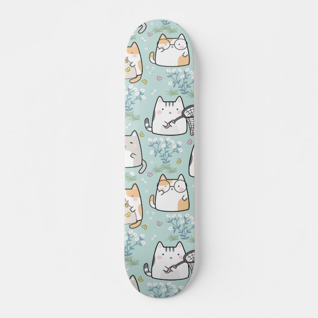 Pattern Cute Kawaii Cats plant butterflies Skateboard (Front)