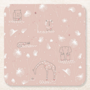 pattern displaying cute baby jungle animals square paper coaster
