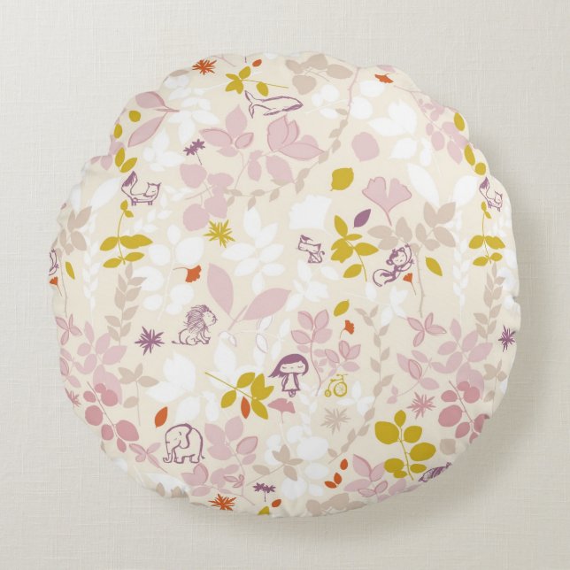 pattern displaying whimsical animals round pillow (Front)