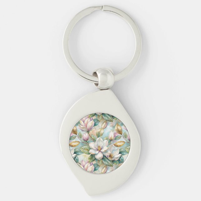 Pattern Elegant Magnolia Flowers Keychain (Front)