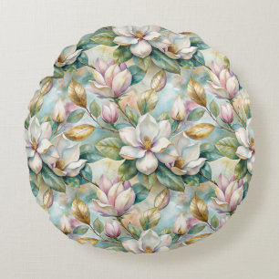 Pattern Elegant Magnolia Flowers Round Pillow