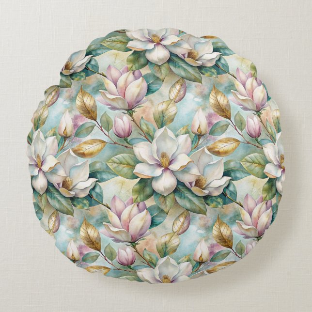 Pattern Elegant Magnolia Flowers Round Pillow (Front)