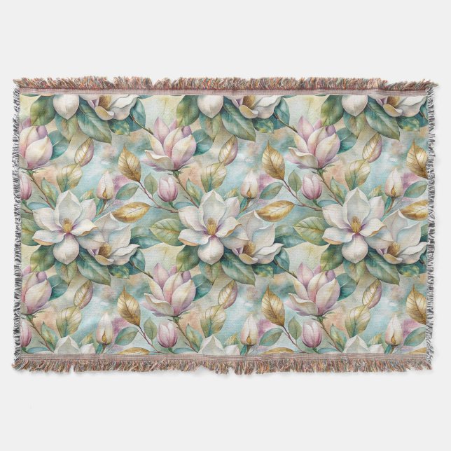 Pattern Elegant Magnolia Flowers Throw Blanket (Front)