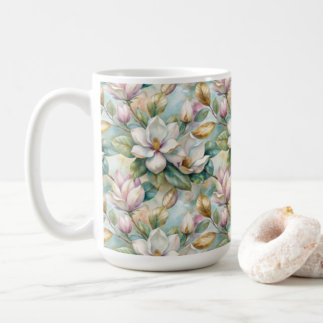 Pattern Elegant Magnolias Coffee Mug (With Donut)