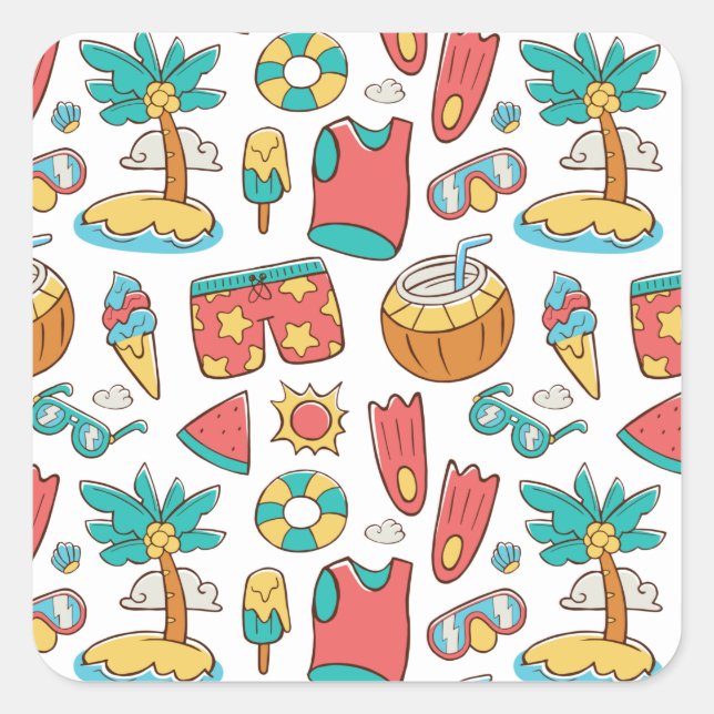 pattern funny summer beach vacation    square sticker (Front)