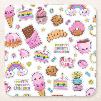 Pattern Funny Unicorn Magic Rainbow Cute Square Paper Coaster