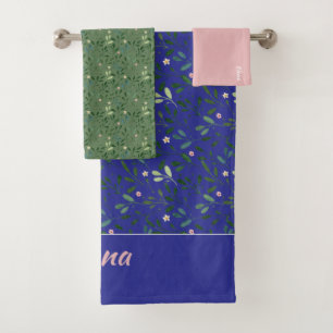 Pattern green leaf name blue pink bath towel