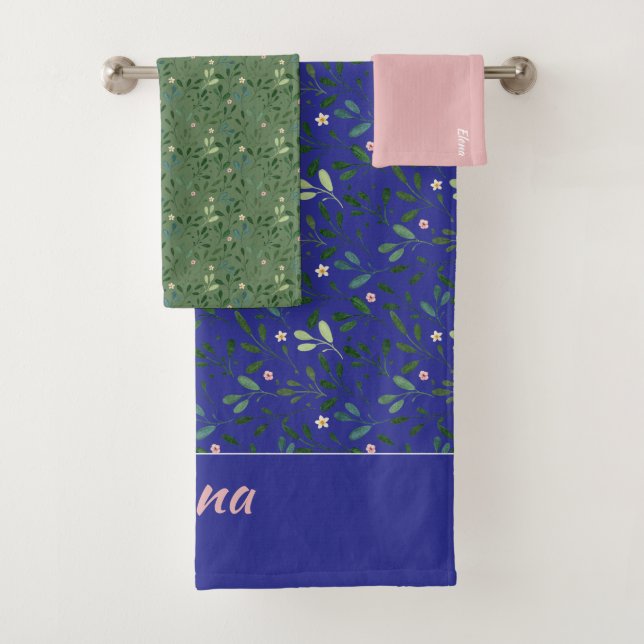 Pattern green leaf name blue pink bath towel (Insitu)