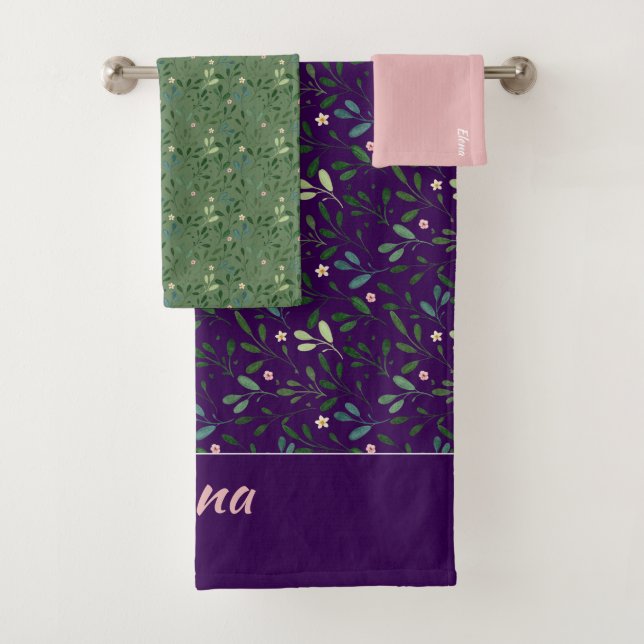 Pattern green leaf name purple pink bath towel (Insitu)