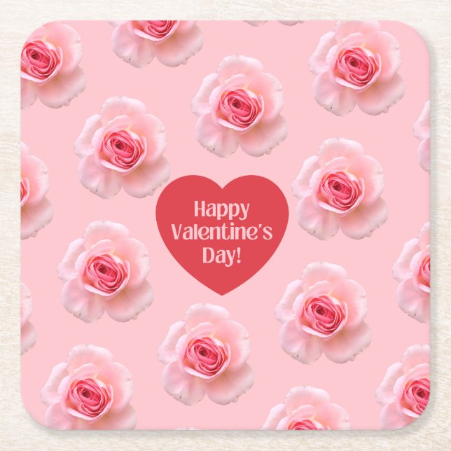 Pattern Happy Valentine`s Day 2023 Background      Square Paper Coaster (Front)