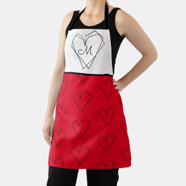 Pattern Heart Line Art Black White  Red Apron (Insitu)