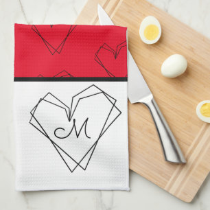 Pattern Heart Line Art Black White  Red  Kitchen Towel