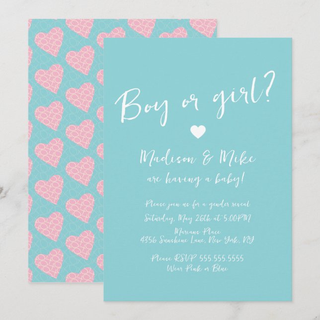  Pattern Heart Valentines Day Pink Gender Reveal Invitation (Front/Back)