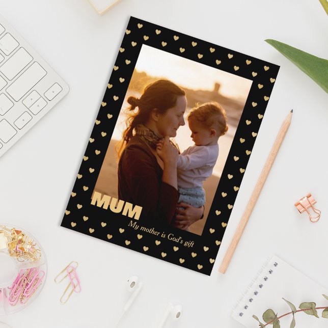 Pattern hearts Mother's photo black Holiday Card (Creator Uploaded)