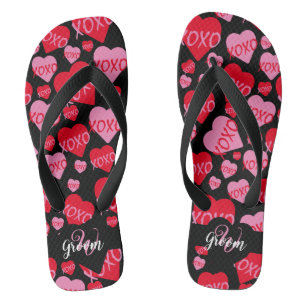 Pattern Hearts XOXO Love Groom Black Monogram Flip Flops