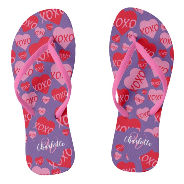 Pattern Hearts XOXO Love Red Pink Purple Monogram Flip Flops (Footbed)