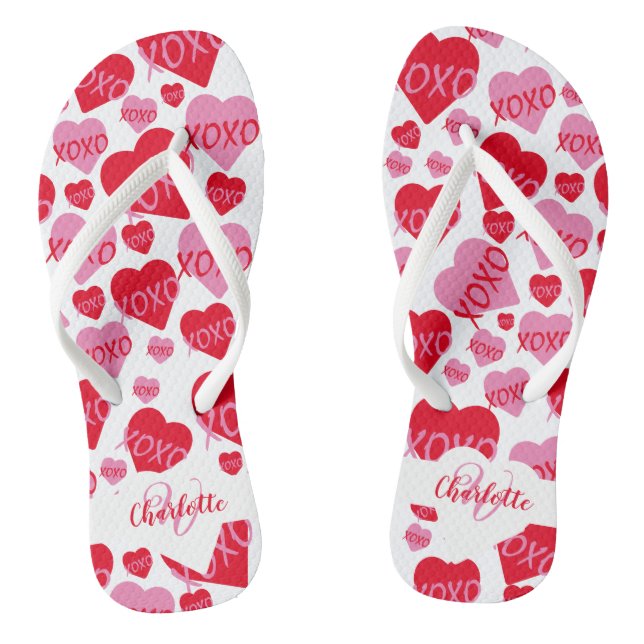 Pattern Hearts XOXO Love Red Pink White Monogram Flip Flops (Footbed)
