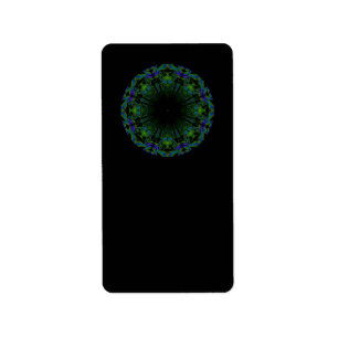 Pattern in Black and Peacock Colours. Label