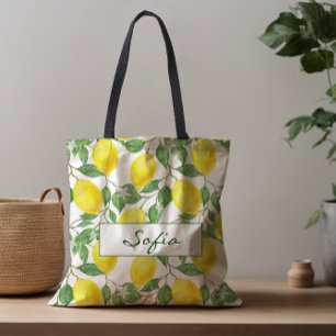 Pattern lemon flower leave green tote bag